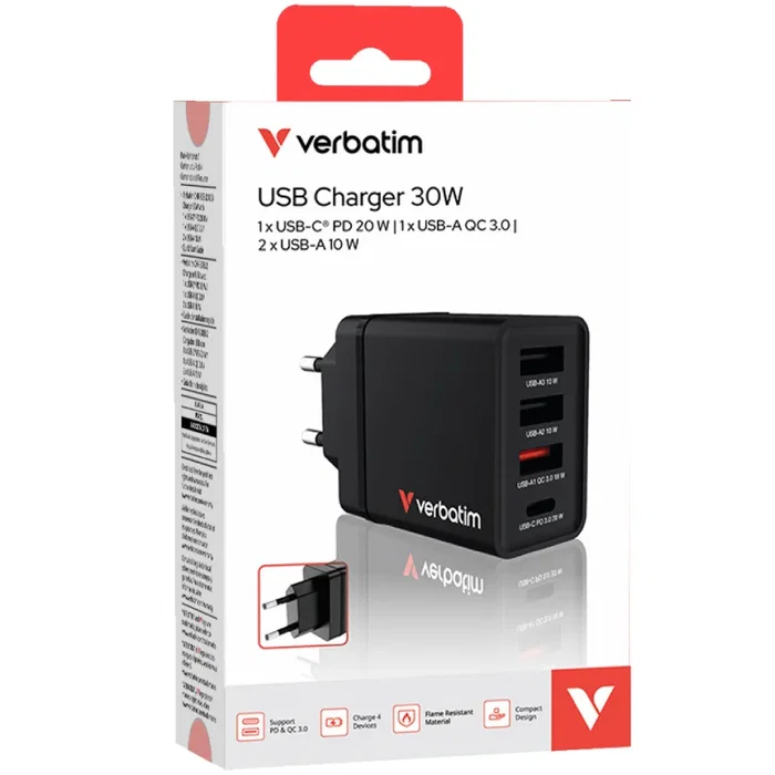 Verbatim Cargador de Pared 30W con 1x USB-C PD y 3x USB-A, Negro